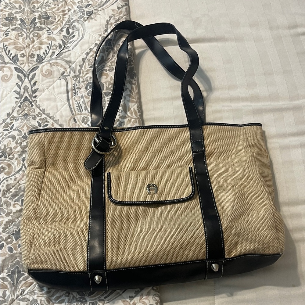 Etienne Aigner Beige Canvas Tote with Black Trim